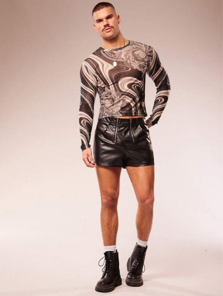 Men's Printed Floral Print Sheer Croppes Long Sleeve Tees